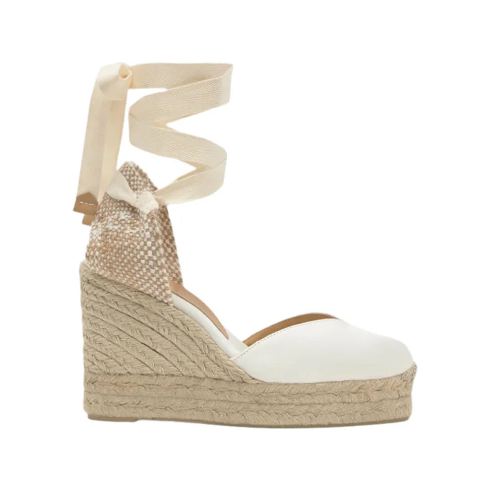 Side view of Chiara 8ED in Écru showcasing satin upper, lace-up closure, V-neck, and jute wedge on white background