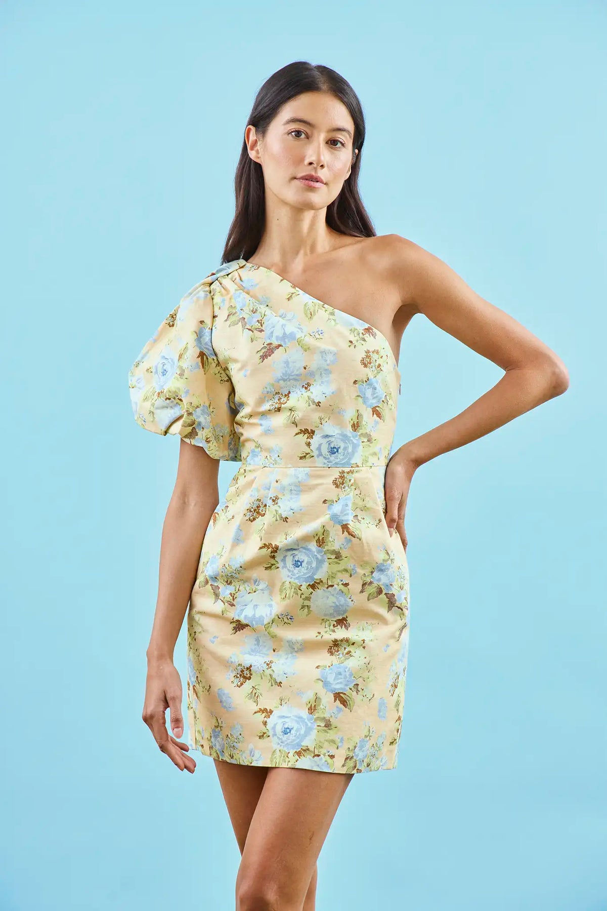 The Chloe Dress, one shoulder mini formal dress, in Garden Rose Periwinkle.