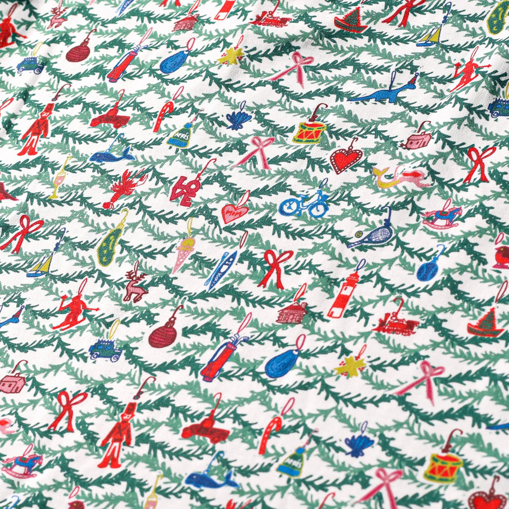 Close-up of Oh Christmas Tree women’s long pajama set showcasing hand-drawn evergreen and whimsical ornament print