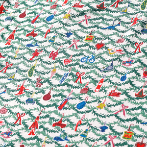 Close-up of Oh Christmas Tree women’s long pajama set showcasing hand-drawn evergreen and whimsical ornament print