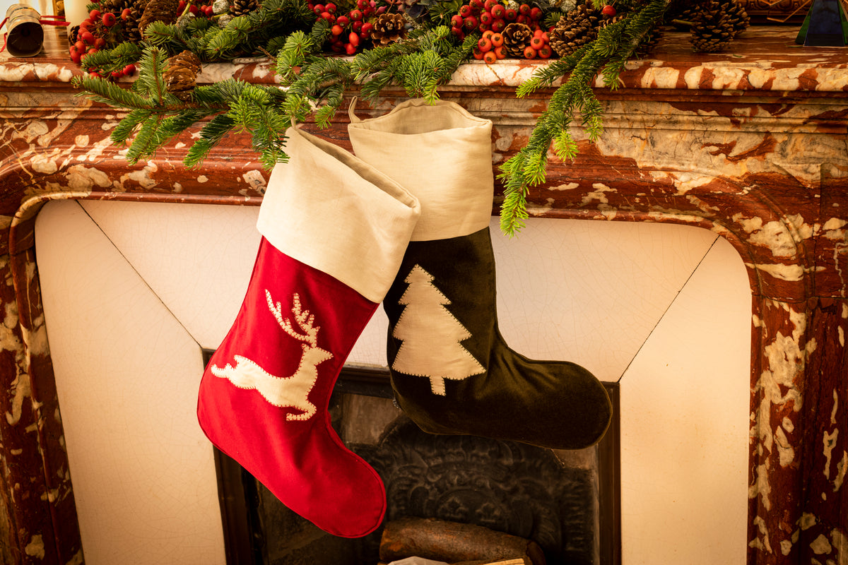 Christmas Stockings Reindeer Hand Embroidery on Velvet