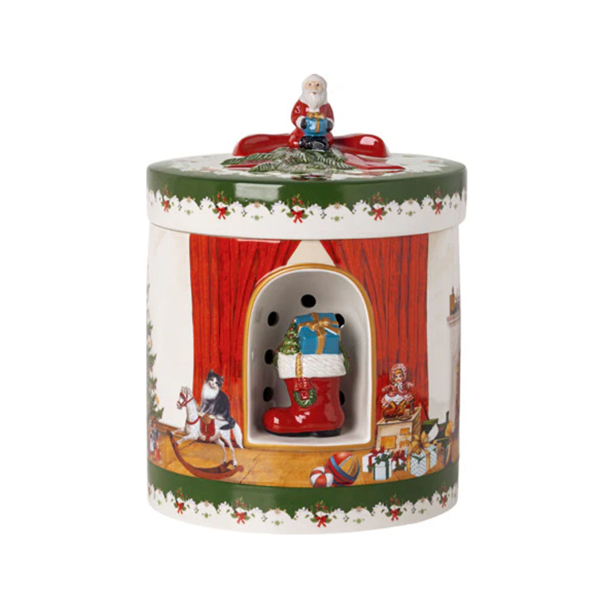 Front view of round porcelain lidded Christmas gift box with Santa knob and red stocking ornament on white background