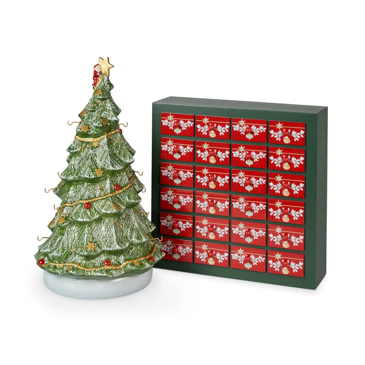 Front view of Christmas Toys Memory 3D Tree Advent Calendar in Multi showcasing 24 numbered drawers on white