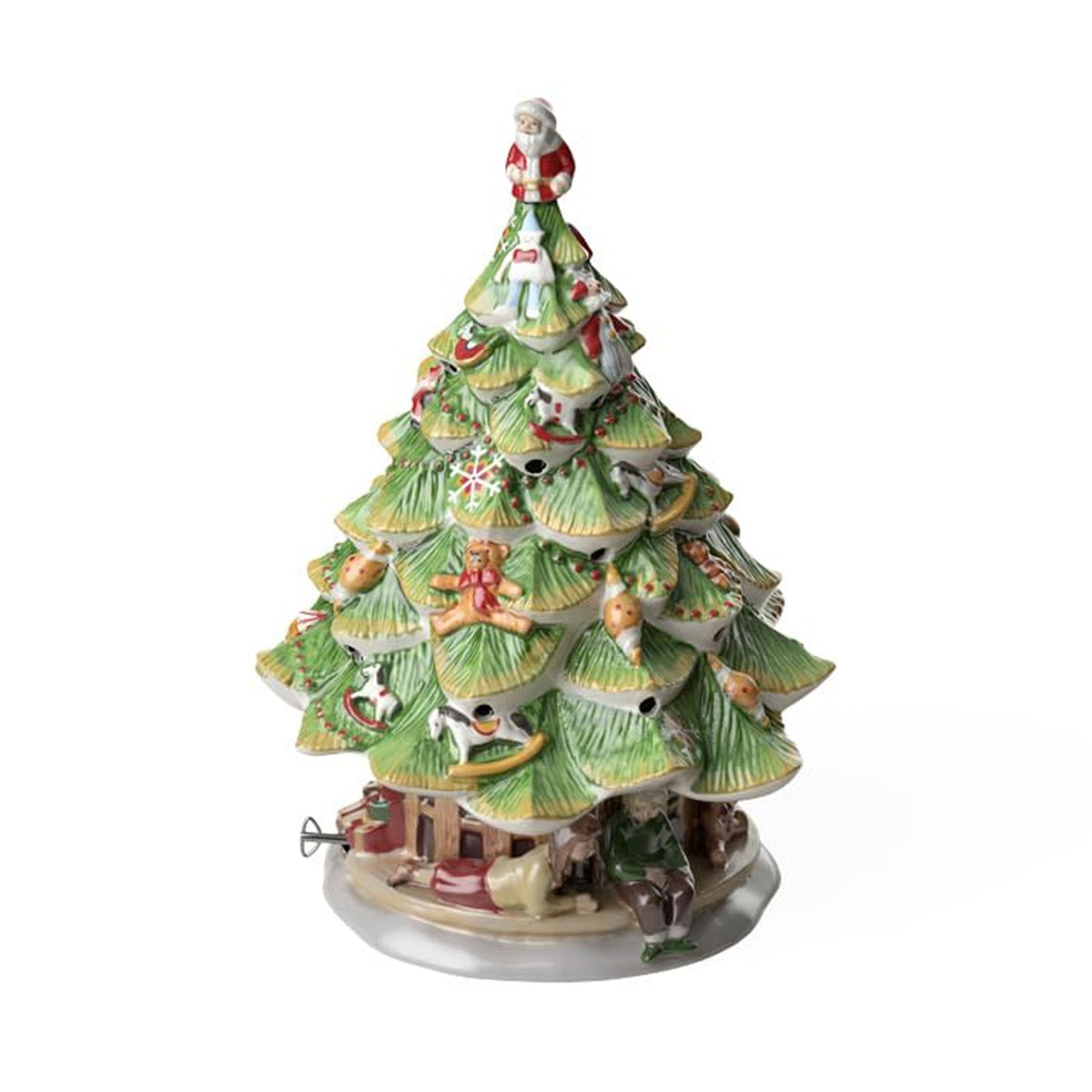 Front view of hand-painted porcelain Christmas tree figurine showcasing layered green branches decorated with small children and toy ornaments on white background
