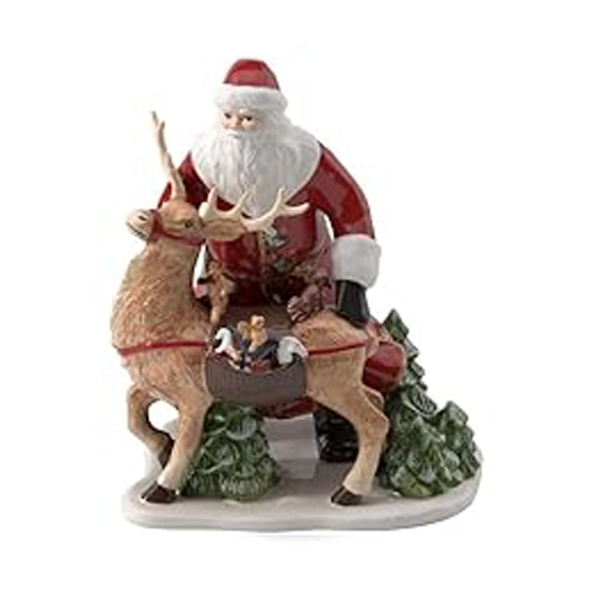 Front view of porcelain Santa with reindeer figurine showcasing hand-painted details and gold accents on white background