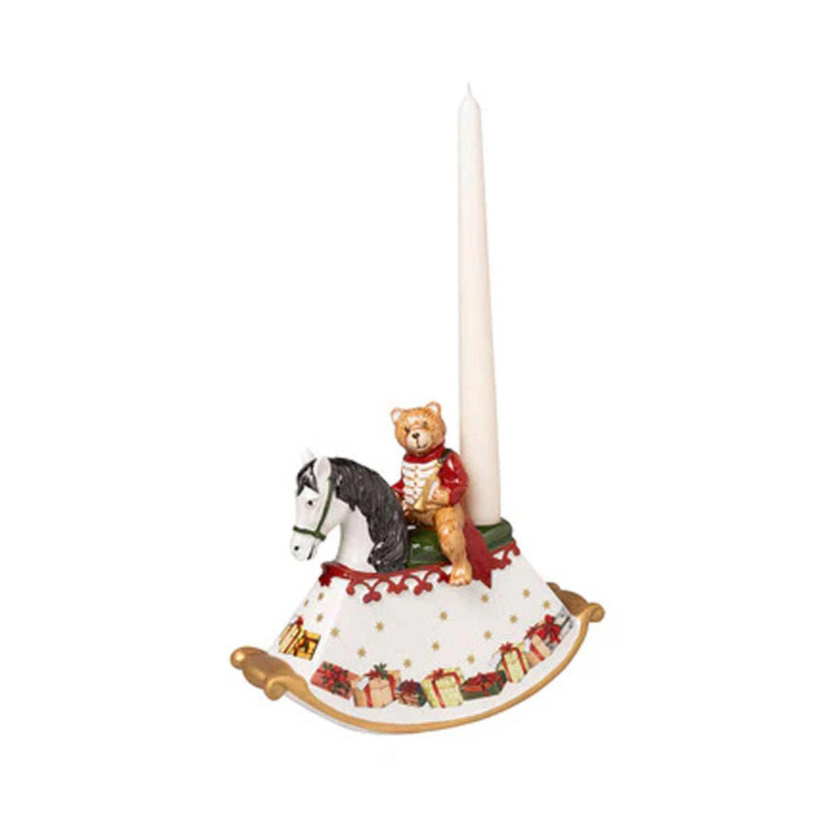 Front view of porcelain rocking horse candle holder with hand-painted teddy rider, gift-decorated base, and white taper candle