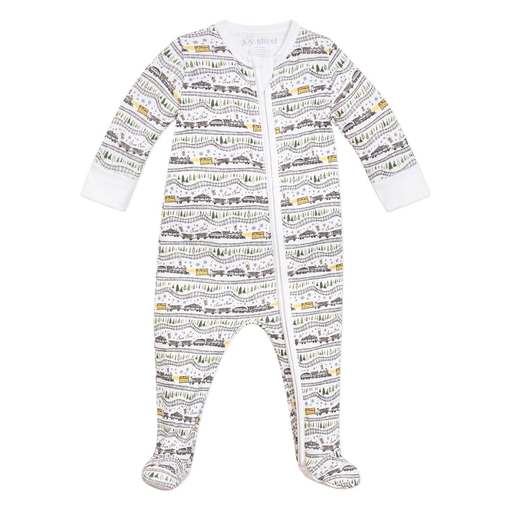 Front view of Christmas Trains Zip Baby Onesie showcasing hand-drawn train and snowy evergreen print with white background