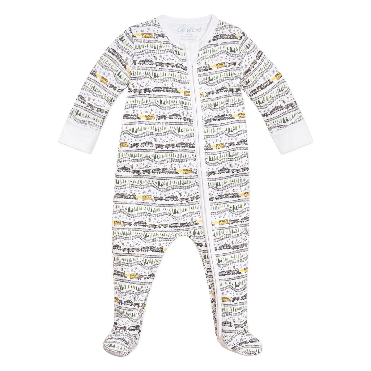 Front view of Christmas Trains Zip Baby Onesie showcasing hand-drawn train and snowy evergreen print with white background