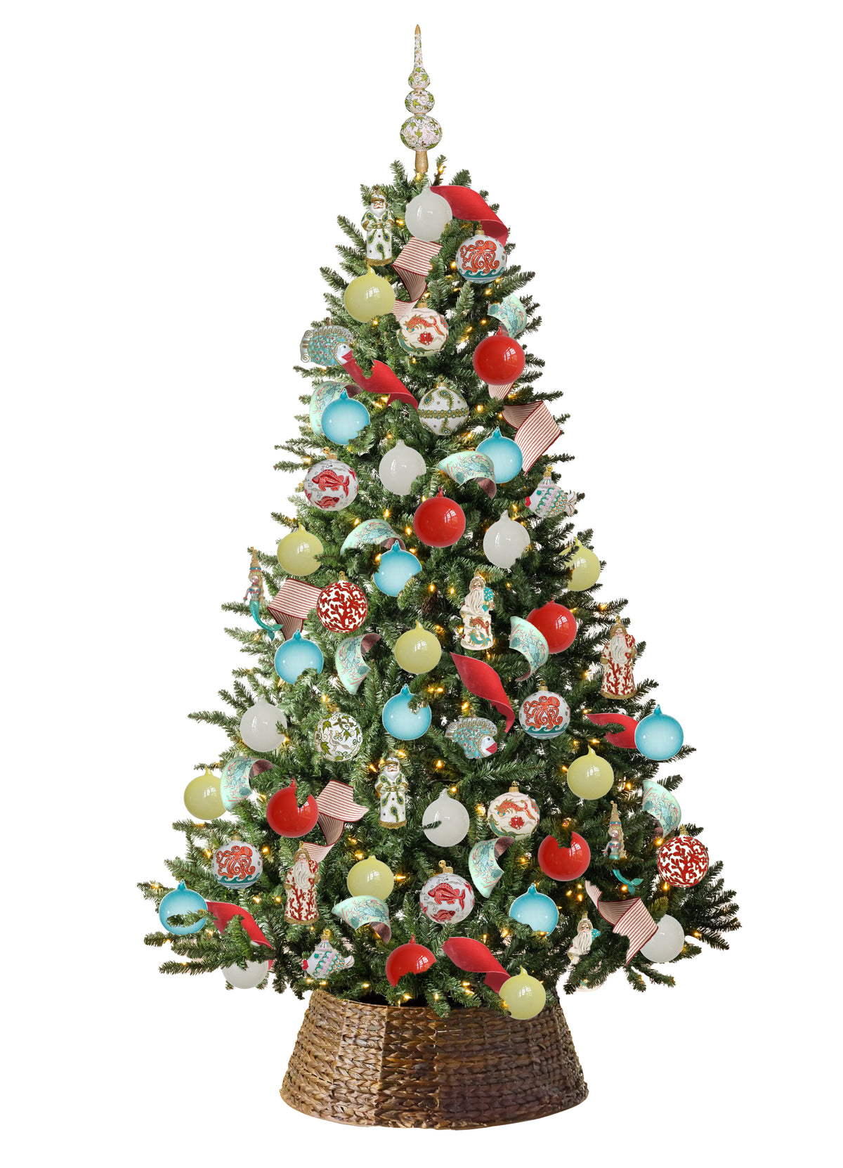 Front view of Maritime Tree Kit showcasing nautical-themed ornaments and woven basket base with white background