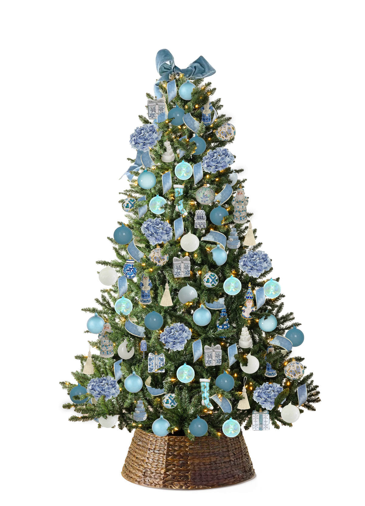 Front view of Hudson Tree Kit showcasing blue and white ornaments, velvet ribbon, hydrangea clusters and warm white lights on a white background