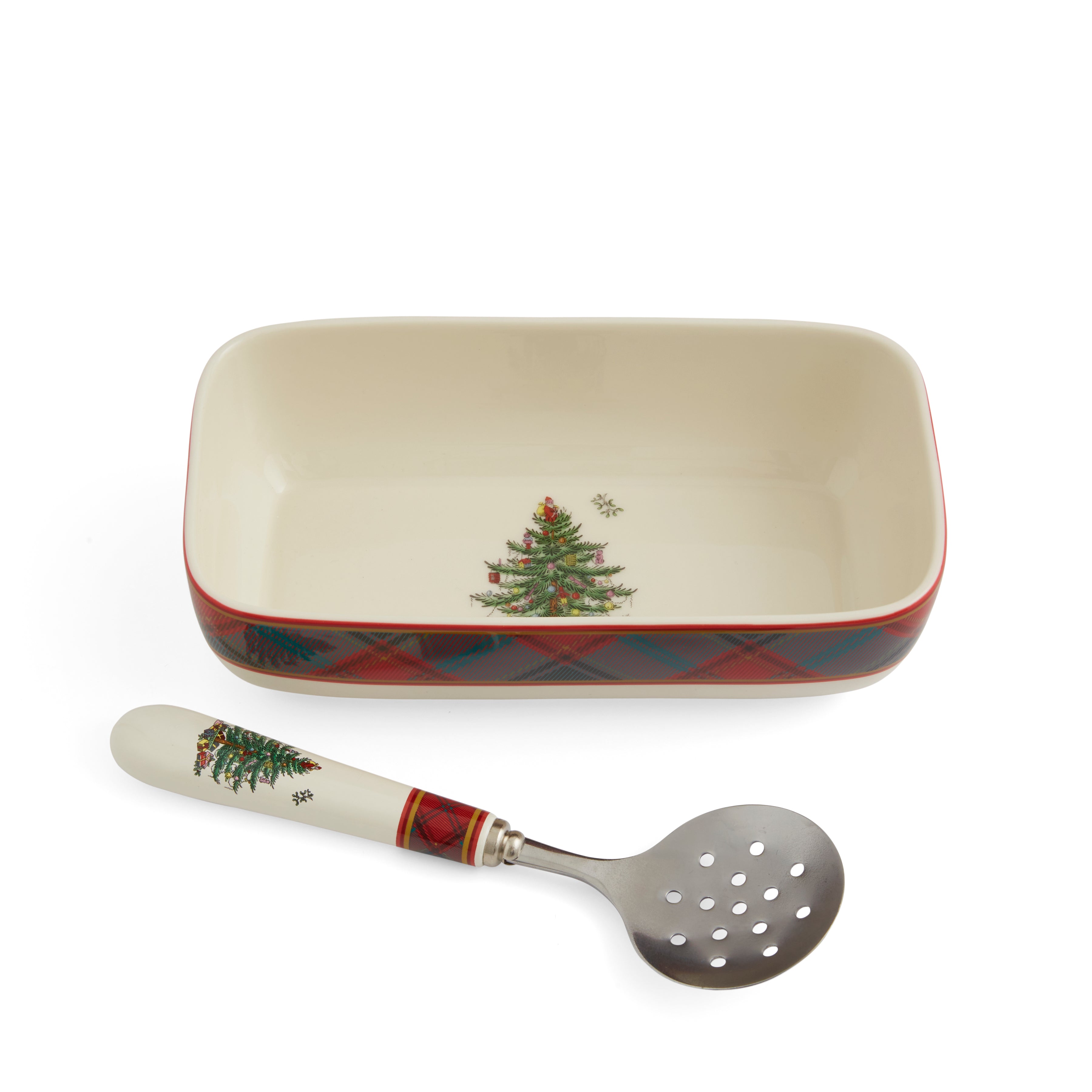 Christmas Tree Tartan 2-Piece Rectangular Server & Slotted Spoon Set