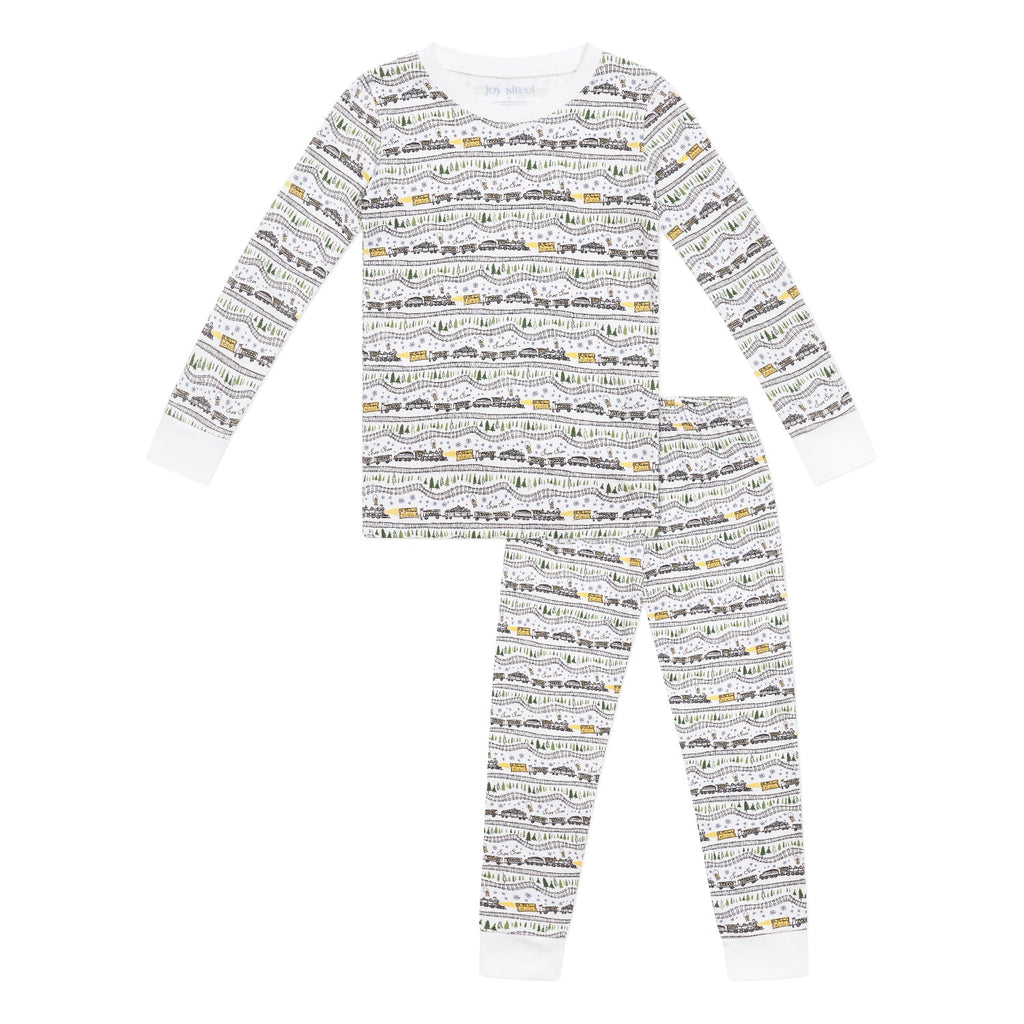 Front view of Christmas Trains Kids Pajamas, Set of 2 showcasing long-sleeve henley top and elastic-waist pants with a white background