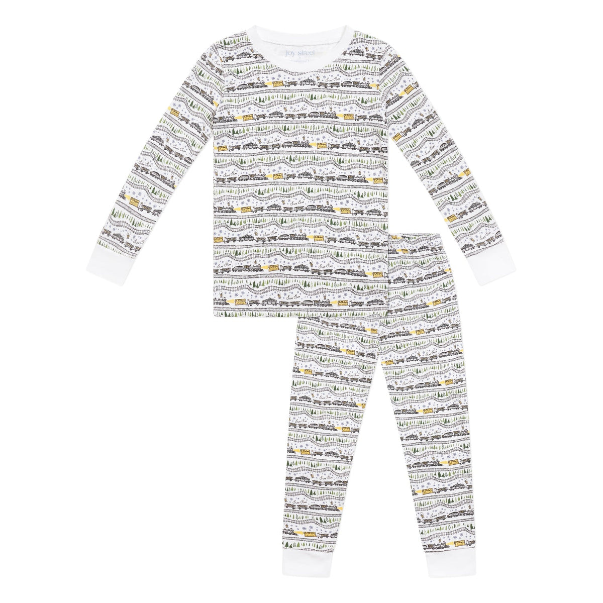 Front view of Christmas Trains Kids Pajamas, Set of 2 showcasing long-sleeve henley top and elastic-waist pants with a white background