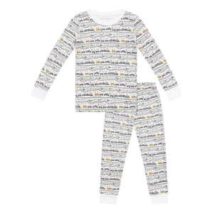 Front view of Christmas Trains Kids Pajamas, Set of 2 showcasing long-sleeve henley top and elastic-waist pants with a white background
