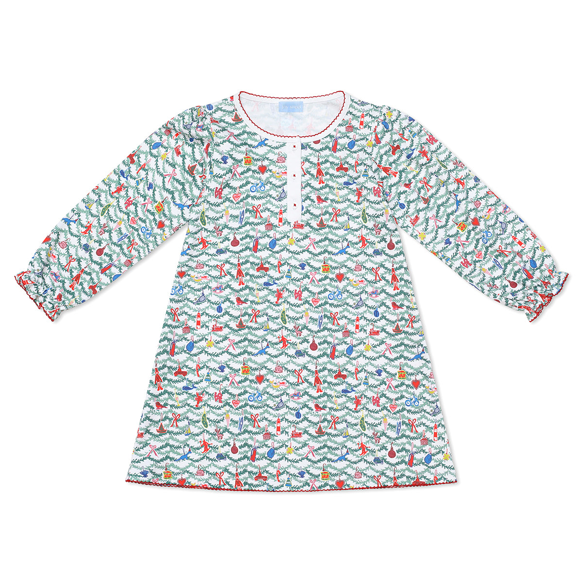 Front view of Oh Christmas Tree Girls Tess Lounge Dress showcasing long sleeves, red trim, and evergreen ornament print