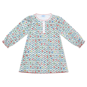 Front view of Oh Christmas Tree Girls Tess Lounge Dress showcasing long sleeves, red trim, and evergreen ornament print