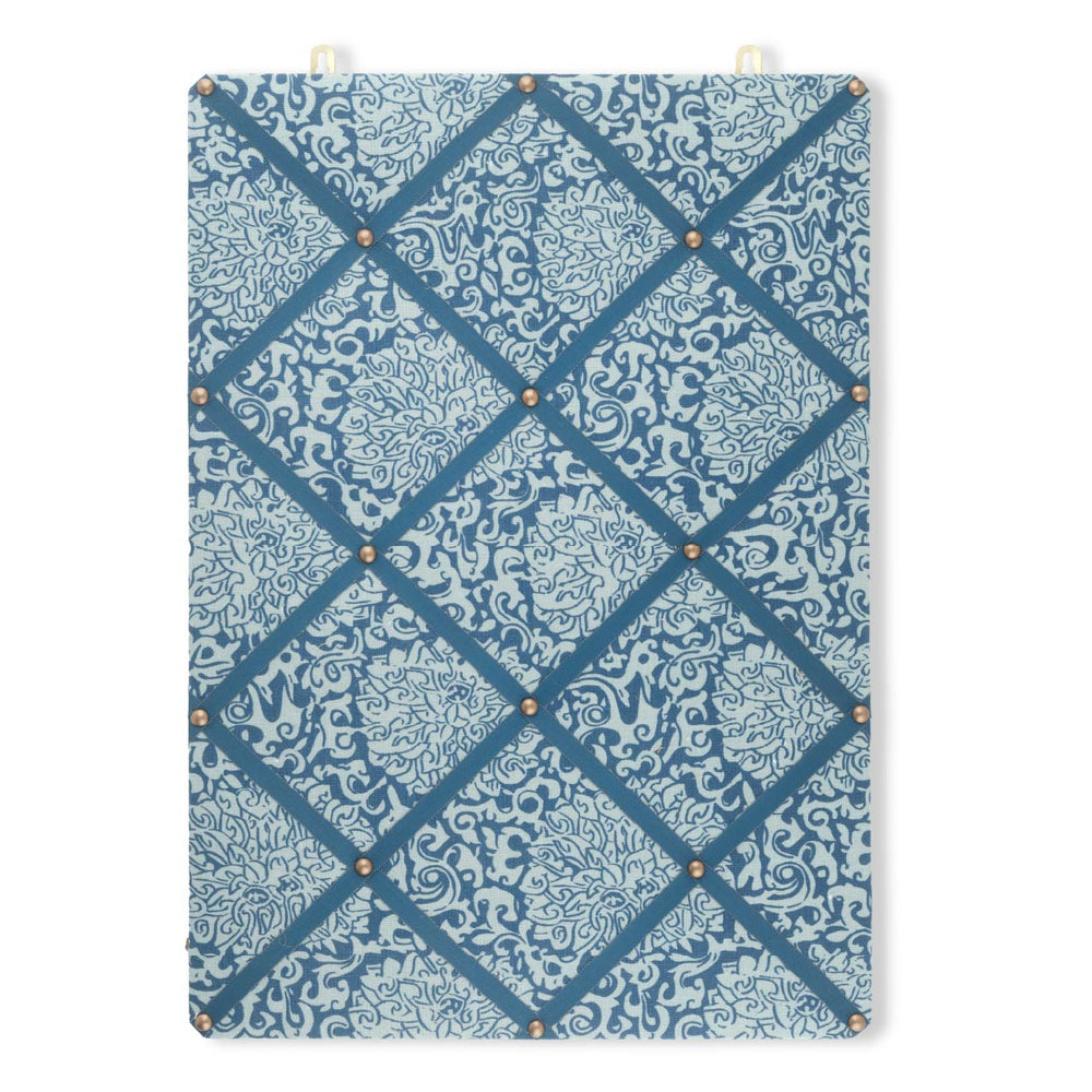 Ribboned Bulletin Board Chrysanthemum Print in Prussian Blue/Celadon with Marine Trim