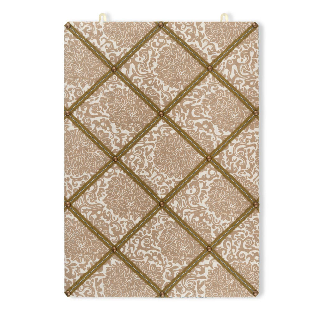 Ribboned Bulletin Board in Chrysanthemum Print in Caramel/Oyster with Olive Trim