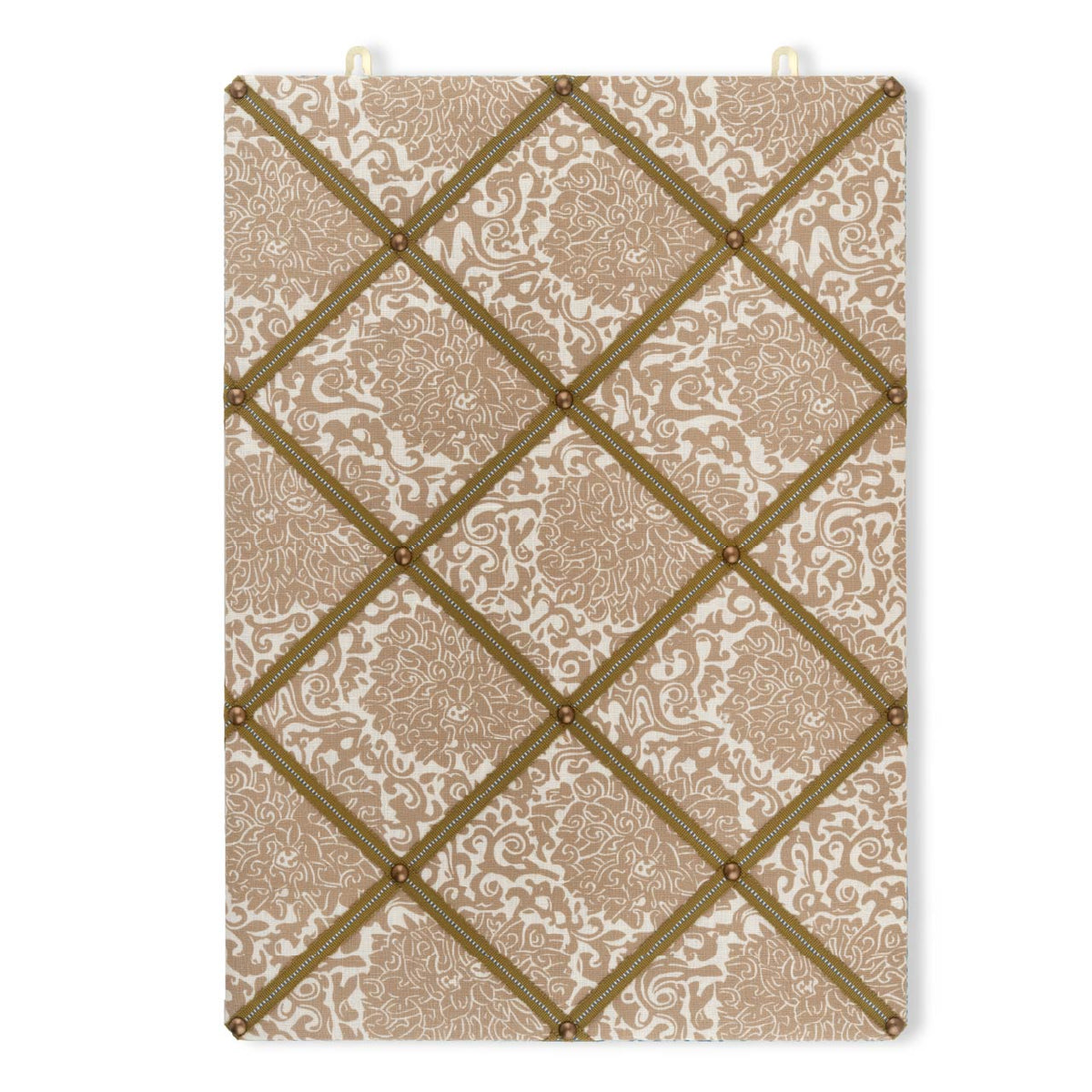 Ribboned Bulletin Board in Chrysanthemum Print in Caramel/Oyster with Olive Trim