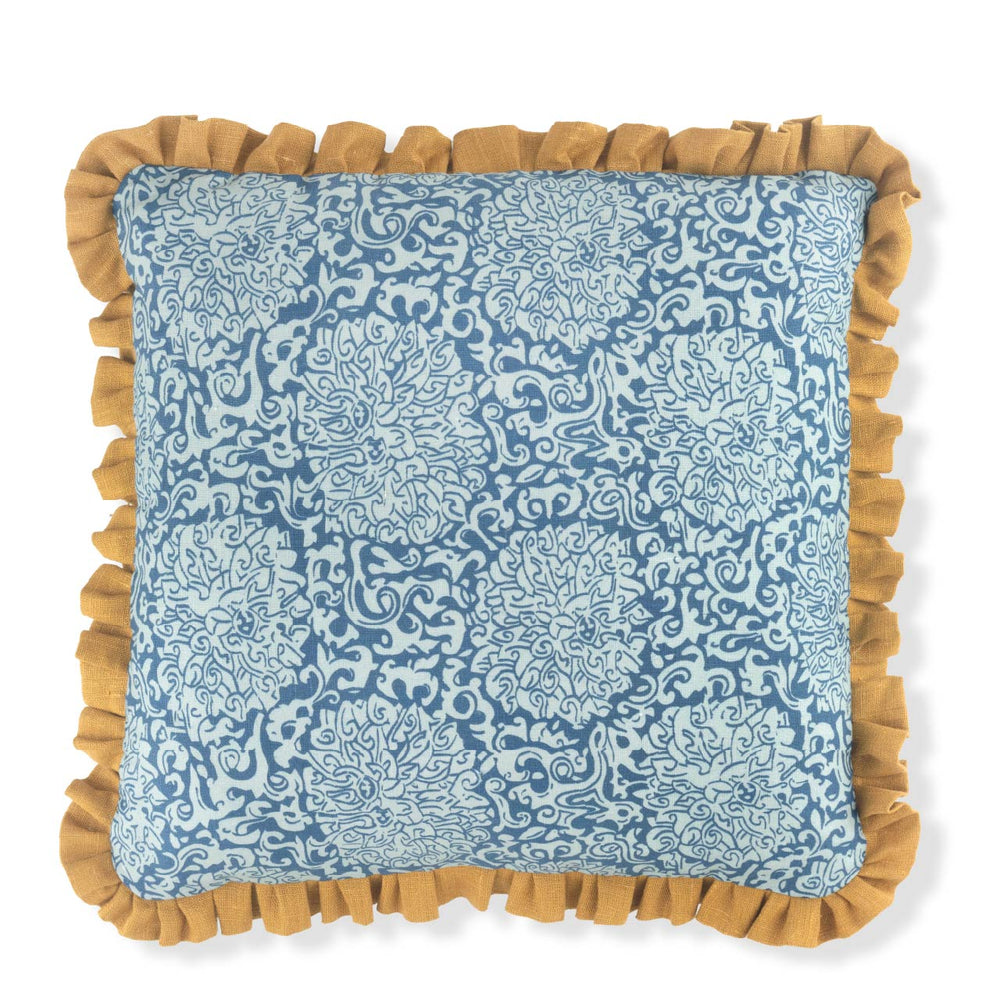Chrysanthemum Print Cushion in Prussian Blue/Celadon with Old Gold Frill
