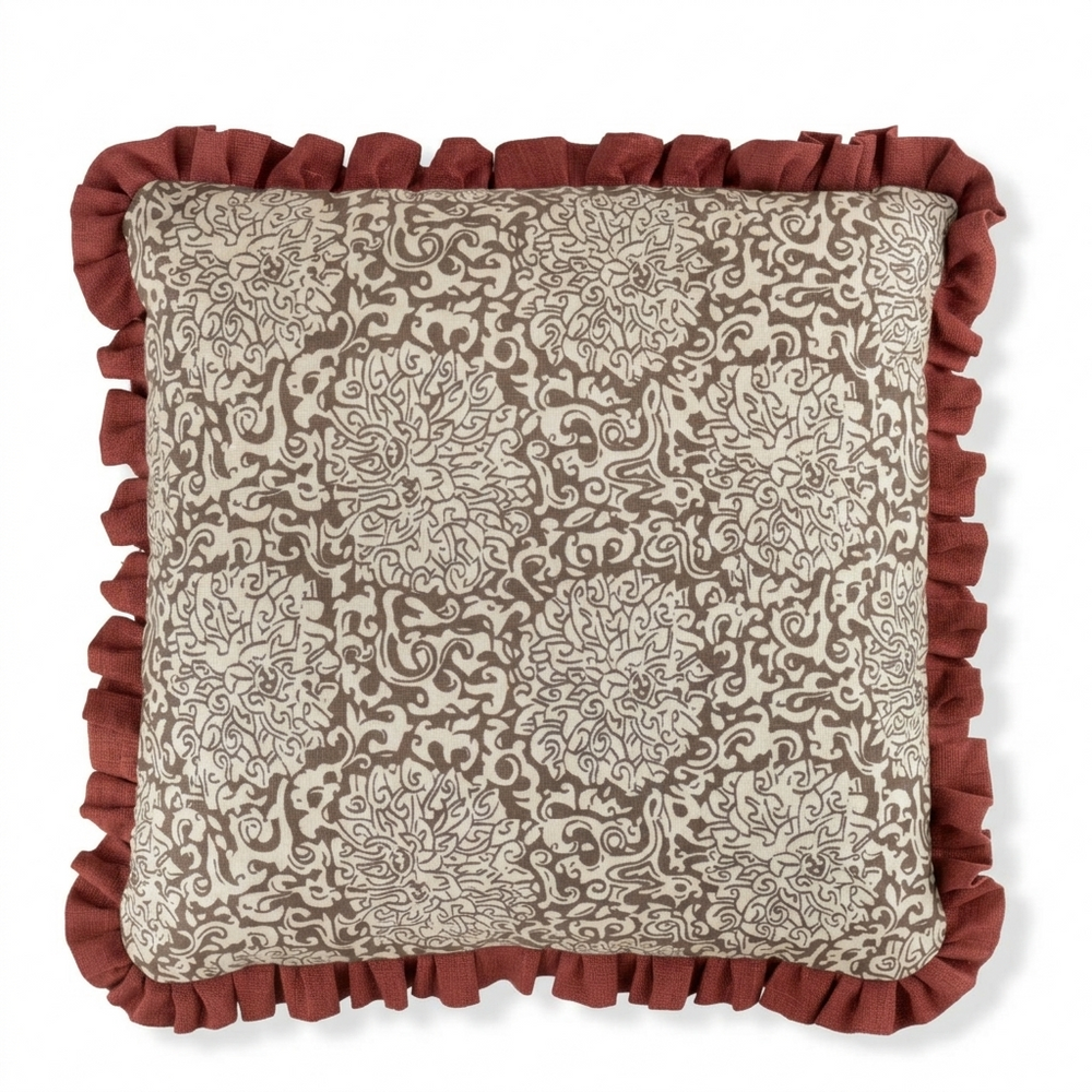 Chrysanthemum Print Cushion in Caramel/Oyster with Marsala Frill