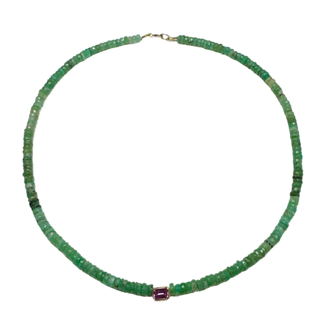 Chrysoprase Heishi Necklace With Bezel Set Pink Tourmaline