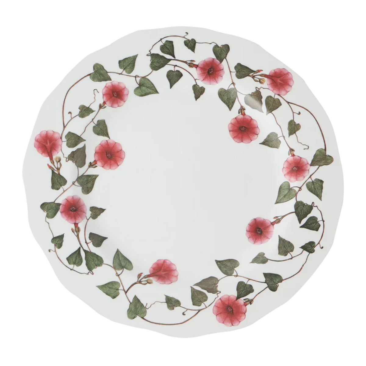 Top view of Ciclamino Porcelain Charger Plate showcasing pink cyclamen blossoms and green vines on white background