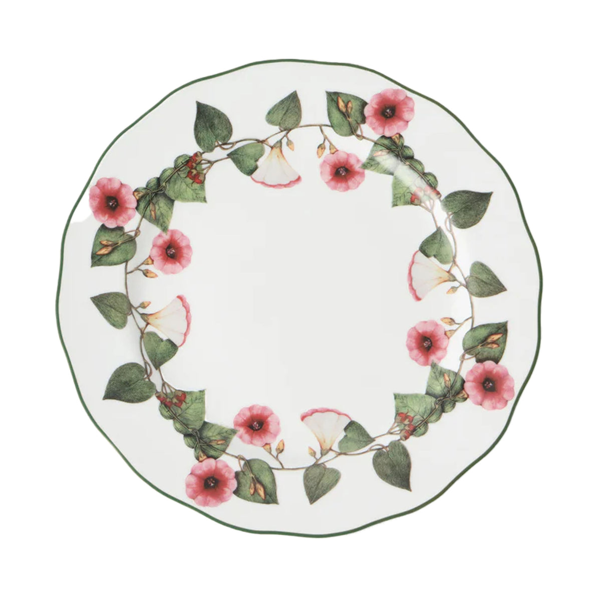 Top view of Ciclamino Porcelain Dinner Plate showcasing a wreath of pink cyclamen blossoms and green vines on a white background