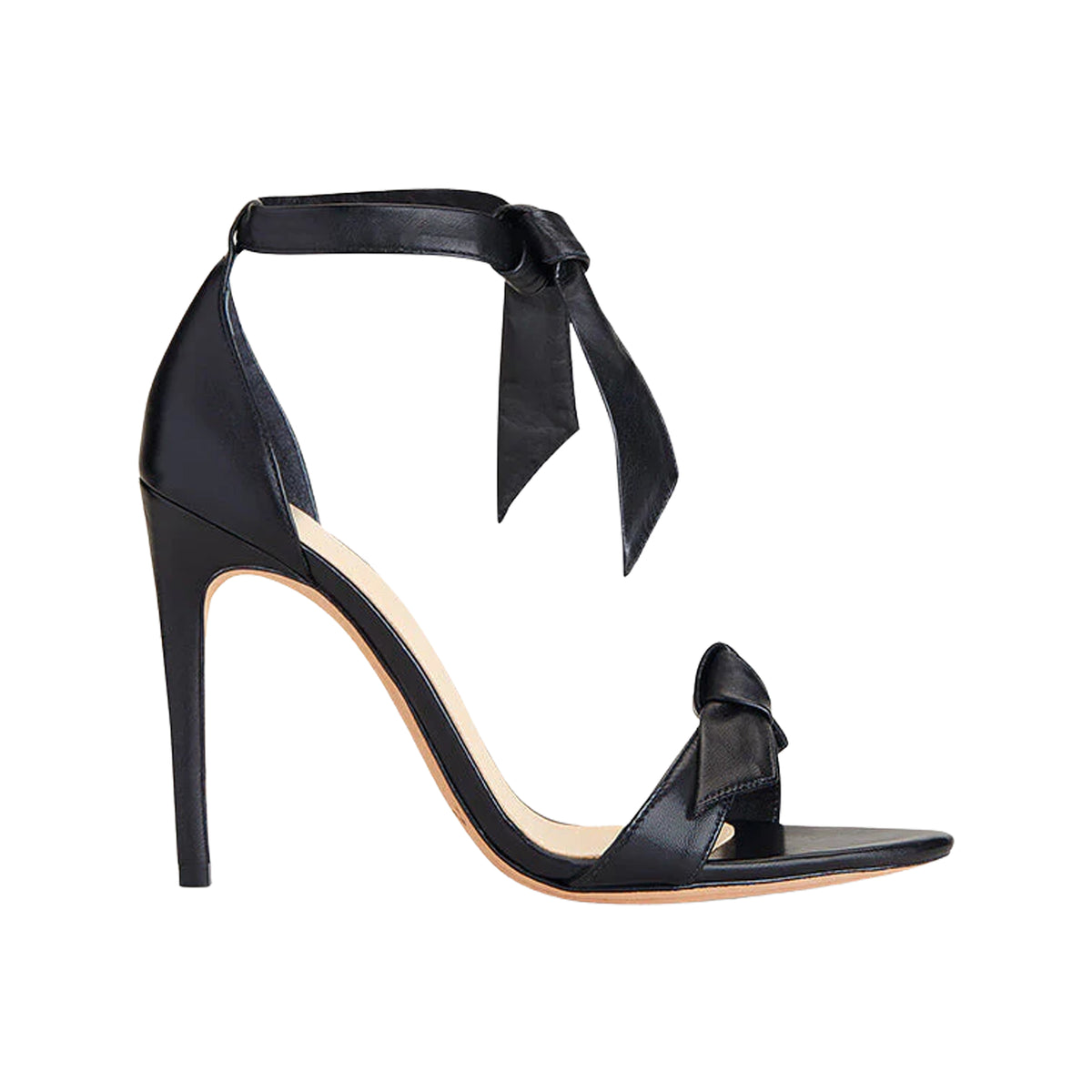 Side view of Clarita 100 in Black Leather showcasing two bow accents and stiletto heel on white background