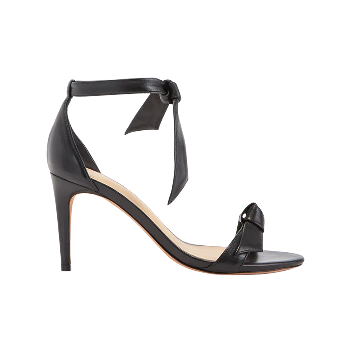 Side view of Clarita 75 in Black Leather showcasing bow accents and 2.9 inch stiletto heel on white background