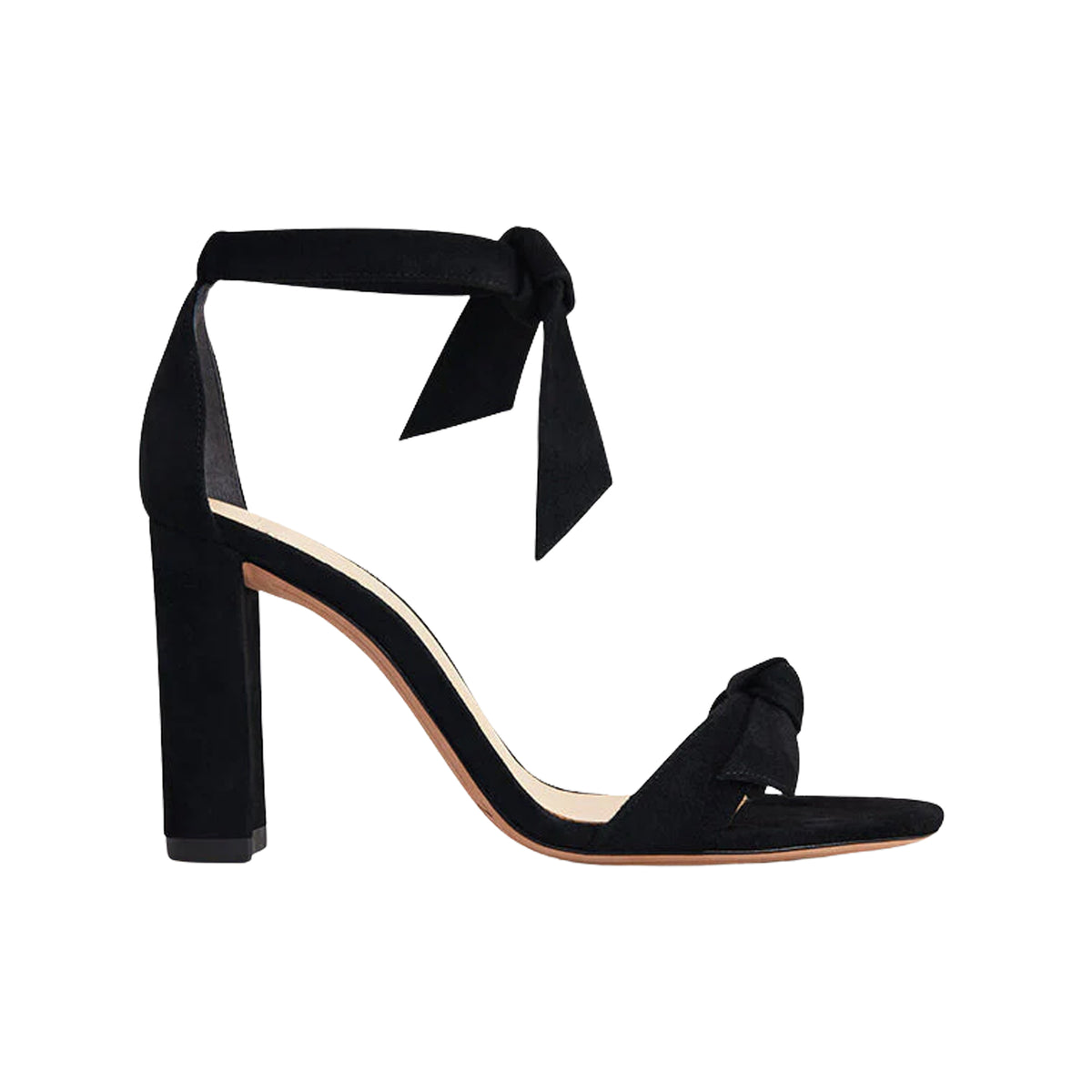 Side view of Clarita Block 90 in Black Suede showcasing double bow, open toe, and block heel on white