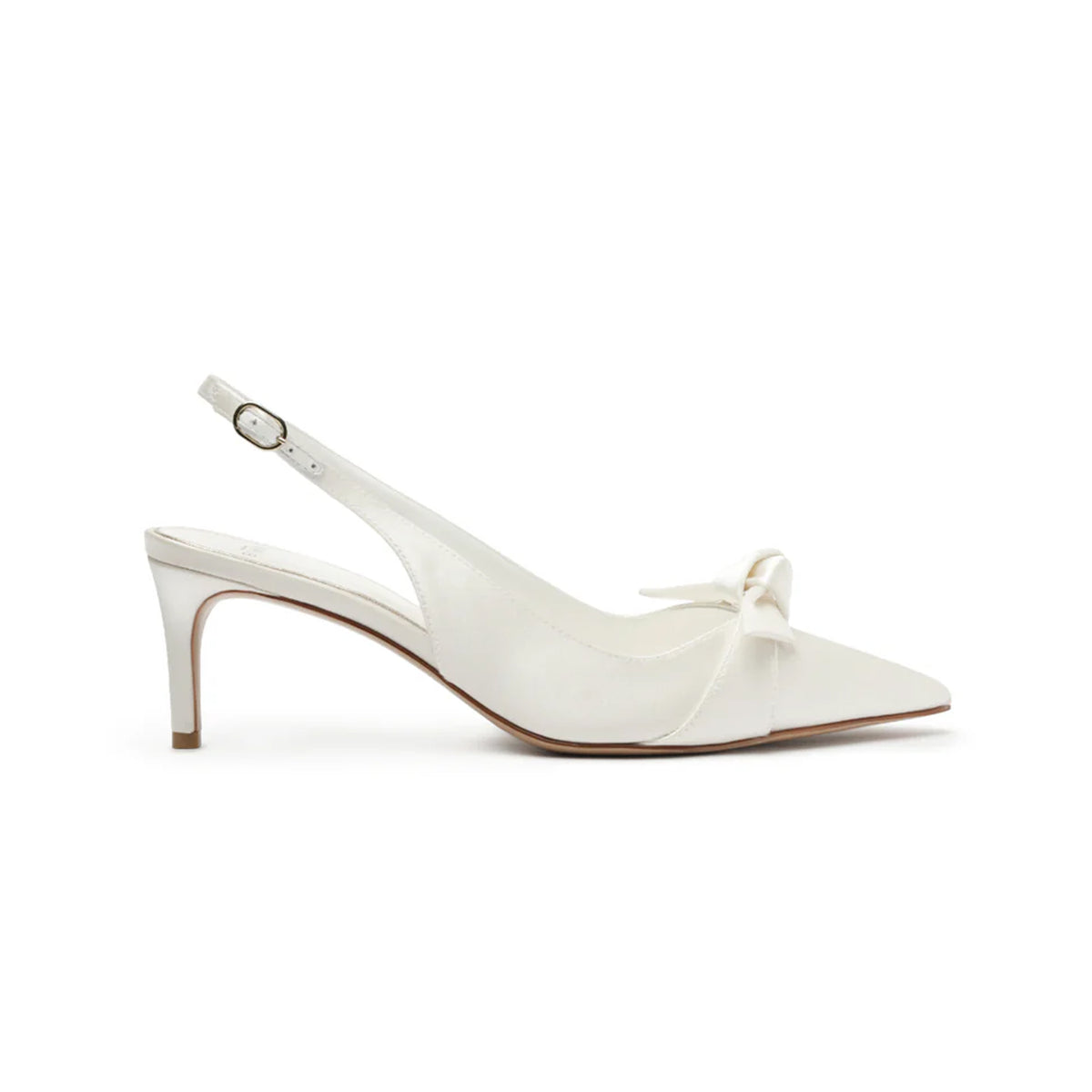 Side view of Clarita Classic Slingback 60 in Bianco showing pointed toe with knotted bow, 2.4-inch mid heel and slingback strap on white background