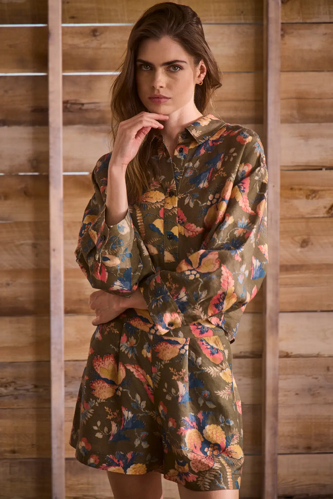 Olive Floral print, boxy collared shirt with button front and wide cropped sleeves, and oversized.