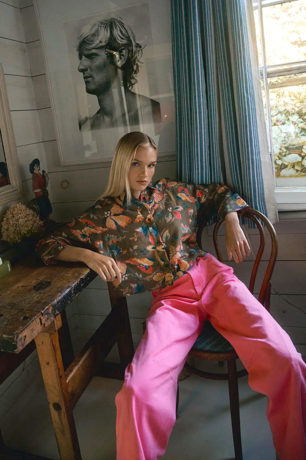 Peony stretch denim barrel leg jeans with five-pocket styling.