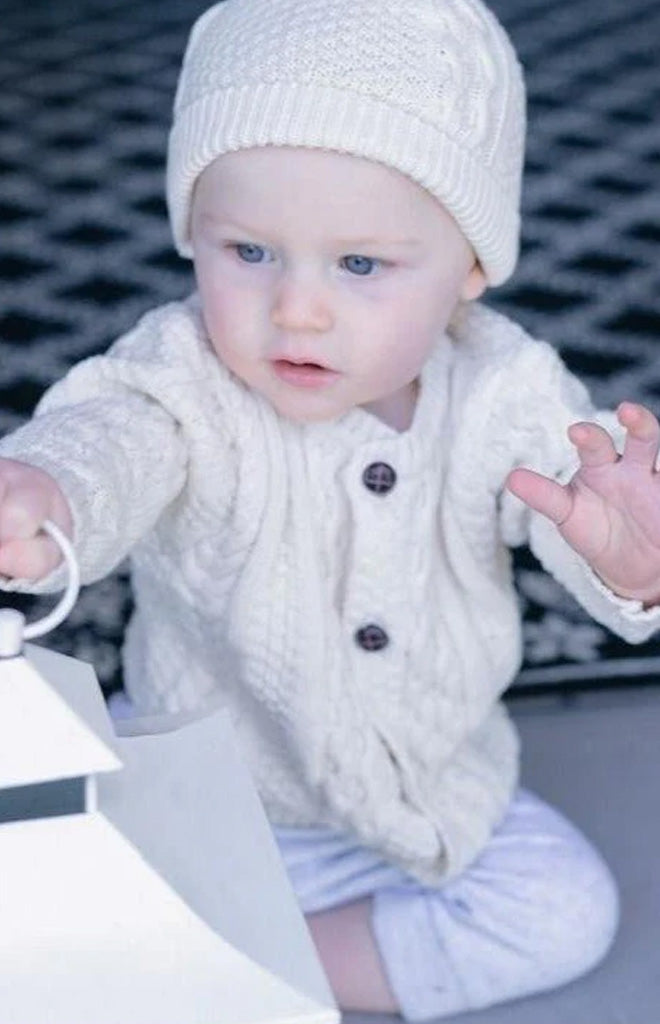 Classic Aran Knit Button Front Cardigan in Natural