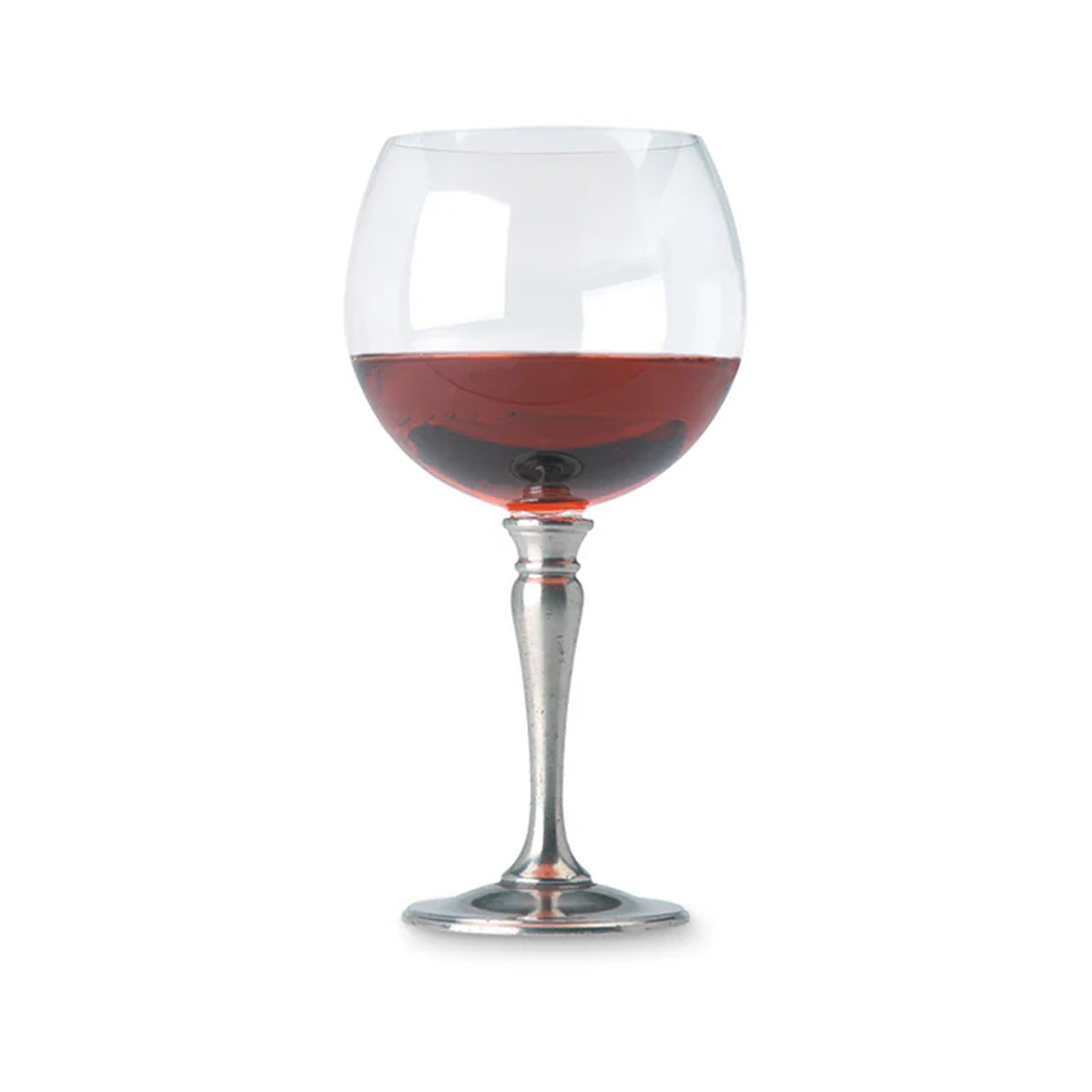Front view of Classic Balloon Wine Glass, Crystal showcasing its pewter stem and clear crystal bowl with a white background