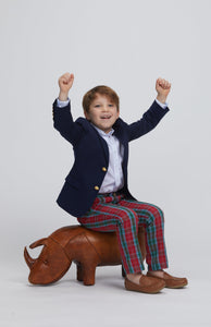 Little English classic boys navy corduroy blazer with buttons down front, Button down shirt in white, classic pant in red, blue, and green highlands tartan pattern