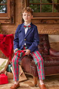 Little English traditional clothing, classic pant in red, green, and blue highlands tartan pattern for little boy