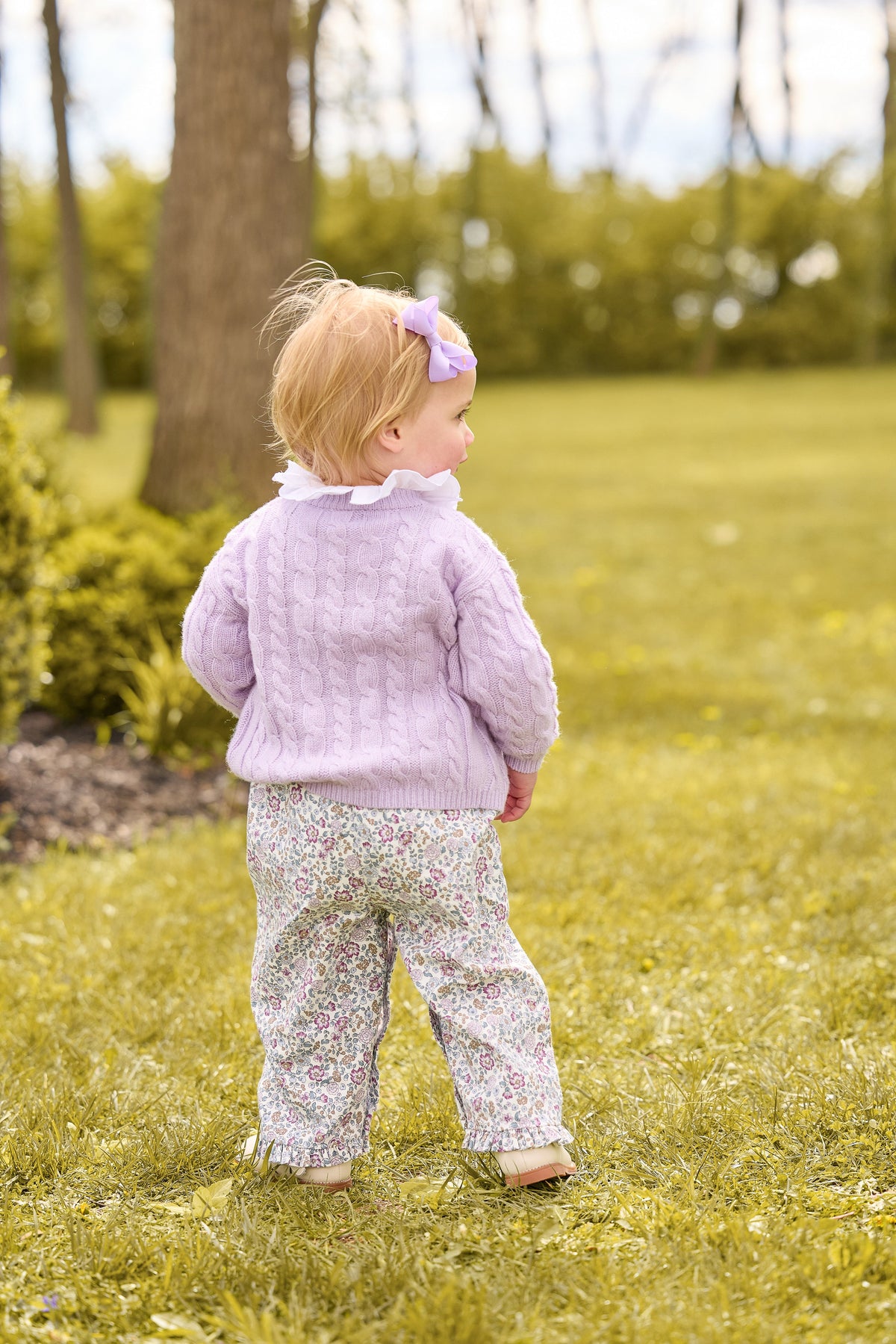 little english classic children's clothing girls lavender floral overall with ruffle bottom, london blouse in white, cashmere blend cardigan in lavender 