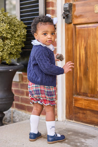 Little english classic children's clothing, cashmere blend cardigan in navy,  double london blouse with navy stitching on collar, bow bloomers in middleburg plaid, knee high socks with navy bow motif, fall outfit for little girl 