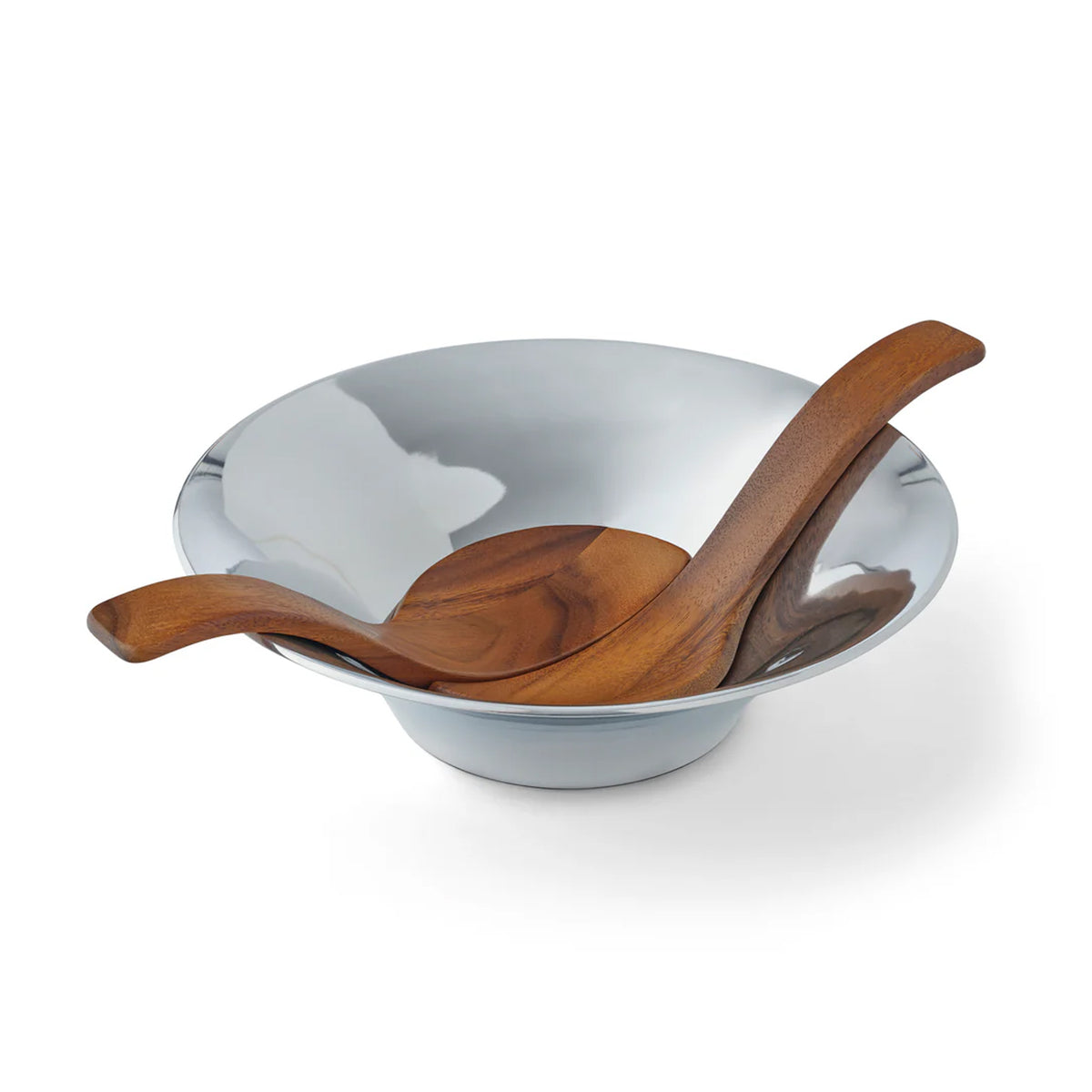 Angled view of Classic Chillable Salad Bowl with Servers showcasing acacia wood servers and alloy bowl on white background