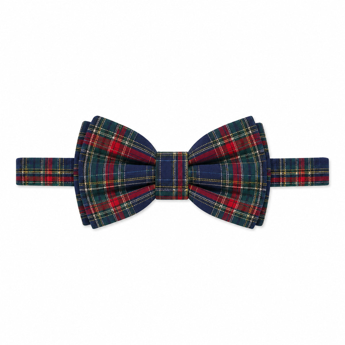 Boys’ pre-tied Baker Bow Tie in navy, red, and green Tinsel Tartan with subtle metallic thread and easy-on clasp.