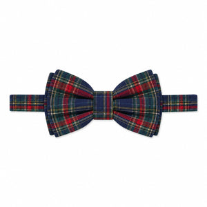 Boys’ pre-tied Baker Bow Tie in navy, red, and green Tinsel Tartan with subtle metallic thread and easy-on clasp.