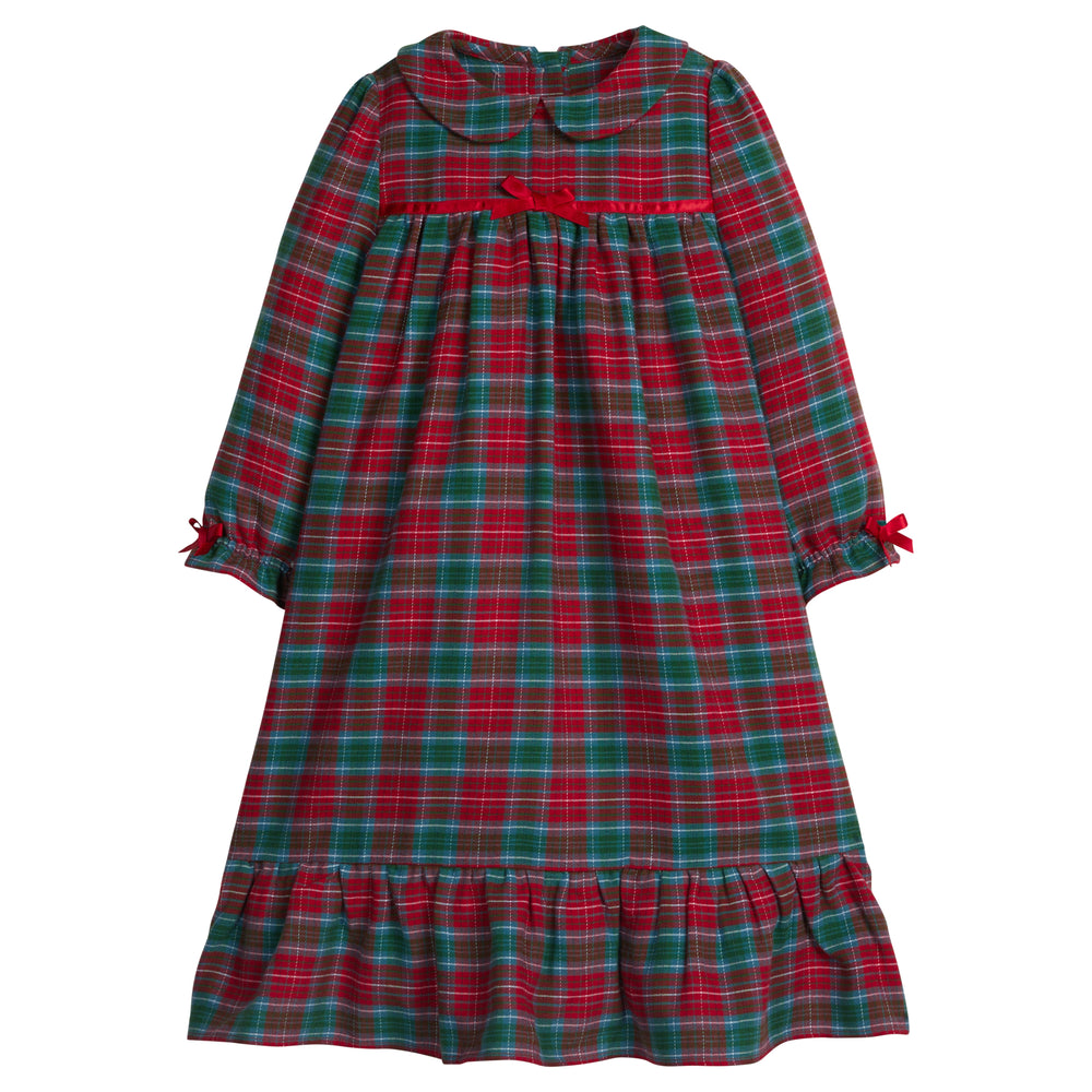 little english classic children's clothes, girls deep red and green tartan long sleeve flannel nightgown with peter pan collar for the holidays 