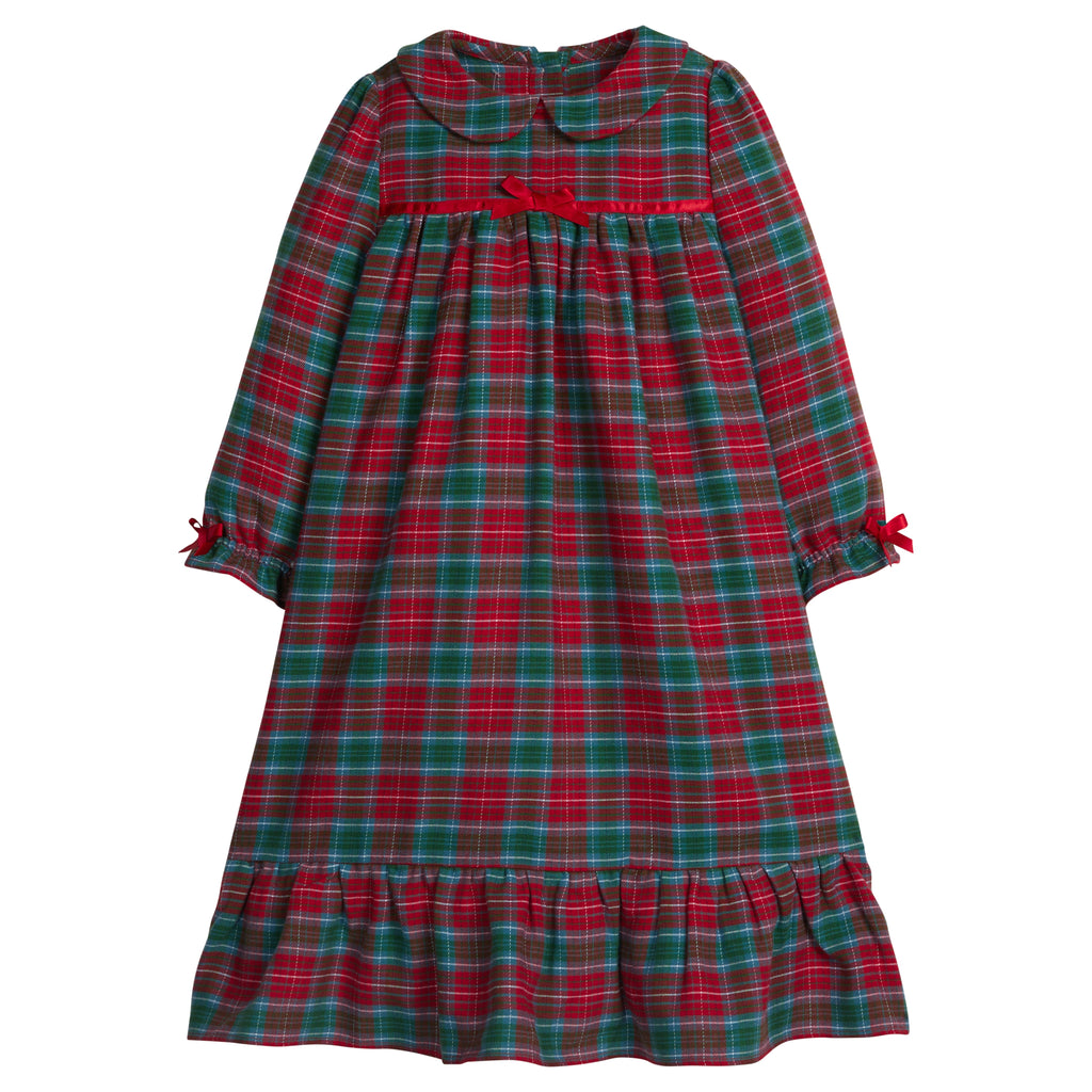 little english classic children's clothes, girls deep red and green tartan long sleeve flannel nightgown with peter pan collar for the holidays 