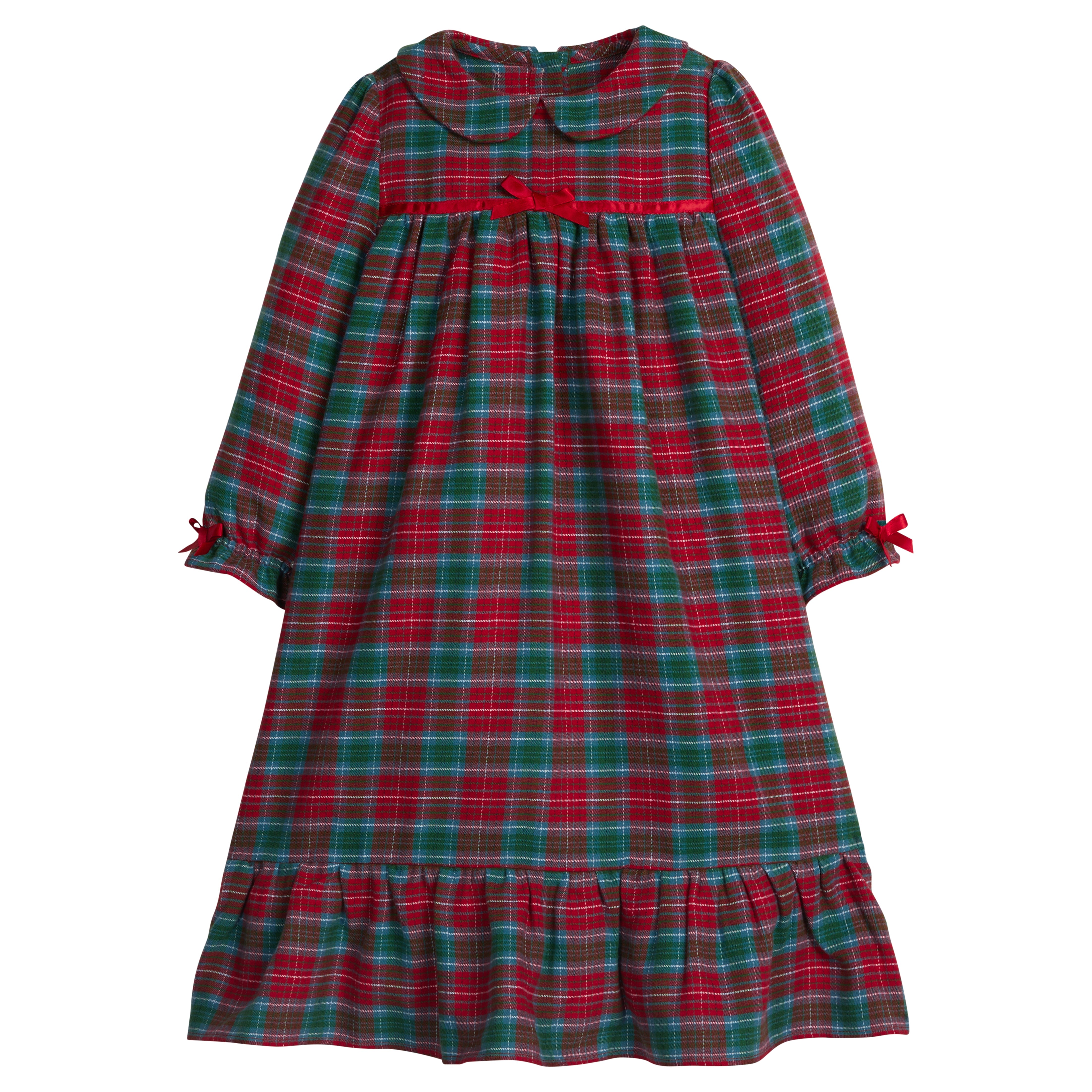 little english classic children's clothes, girls deep red and green tartan long sleeve flannel nightgown with peter pan collar for the holidays 