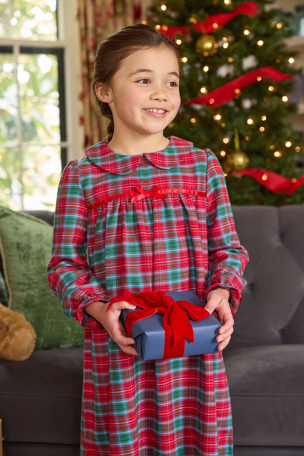 little english classic children's clothes, girls deep red and green tartan long sleeve flannel nightgown with peter pan collar for the holidays 