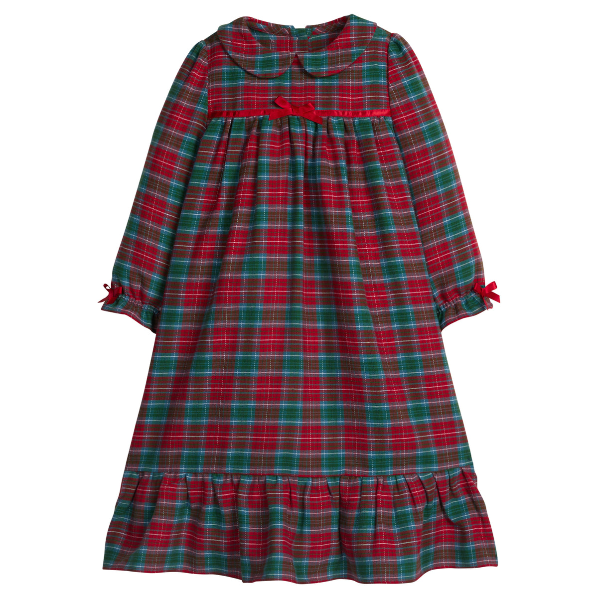 little english classic children's clothes, girls deep red and green tartan long sleeve flannel nightgown with peter pan collar for the holidays 