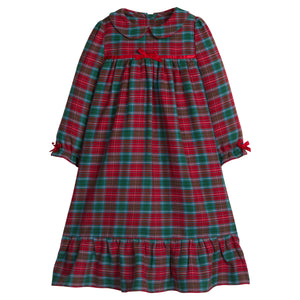 little english classic children's clothes, girls deep red and green tartan long sleeve flannel nightgown with peter pan collar for the holidays 