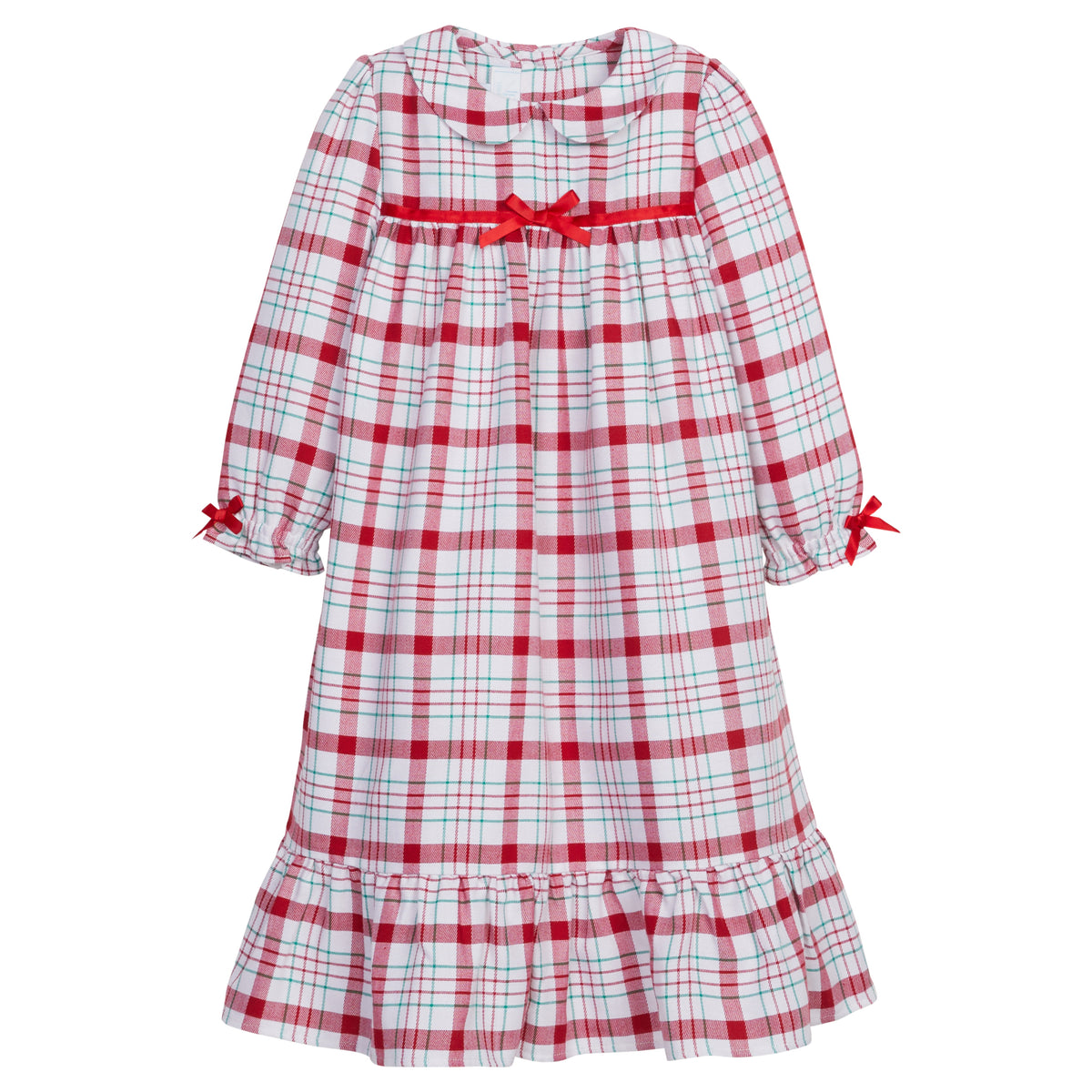 Little English traditional clothing, classic nightgown in holiday plaid print with bows on sleeve cuffs and chest for little girl, holiday collection